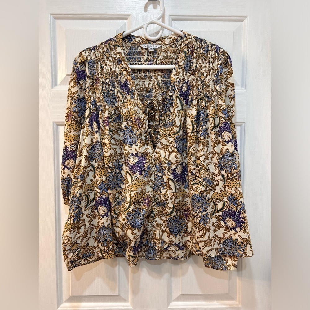 Ophelia Roe Top Smocked Floral Blouse Sz 2XL Half Sleeve Peasant Romantic Fairy